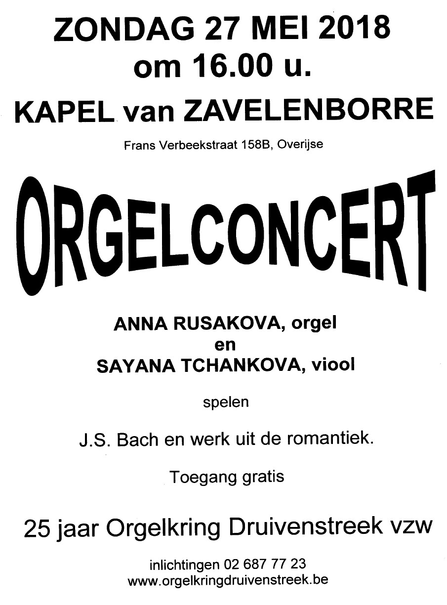 Affiche. Overijse. Orgelconcert Anna Rusakova, orgel en Sayana Tchankova, viool. 2018-05-27
